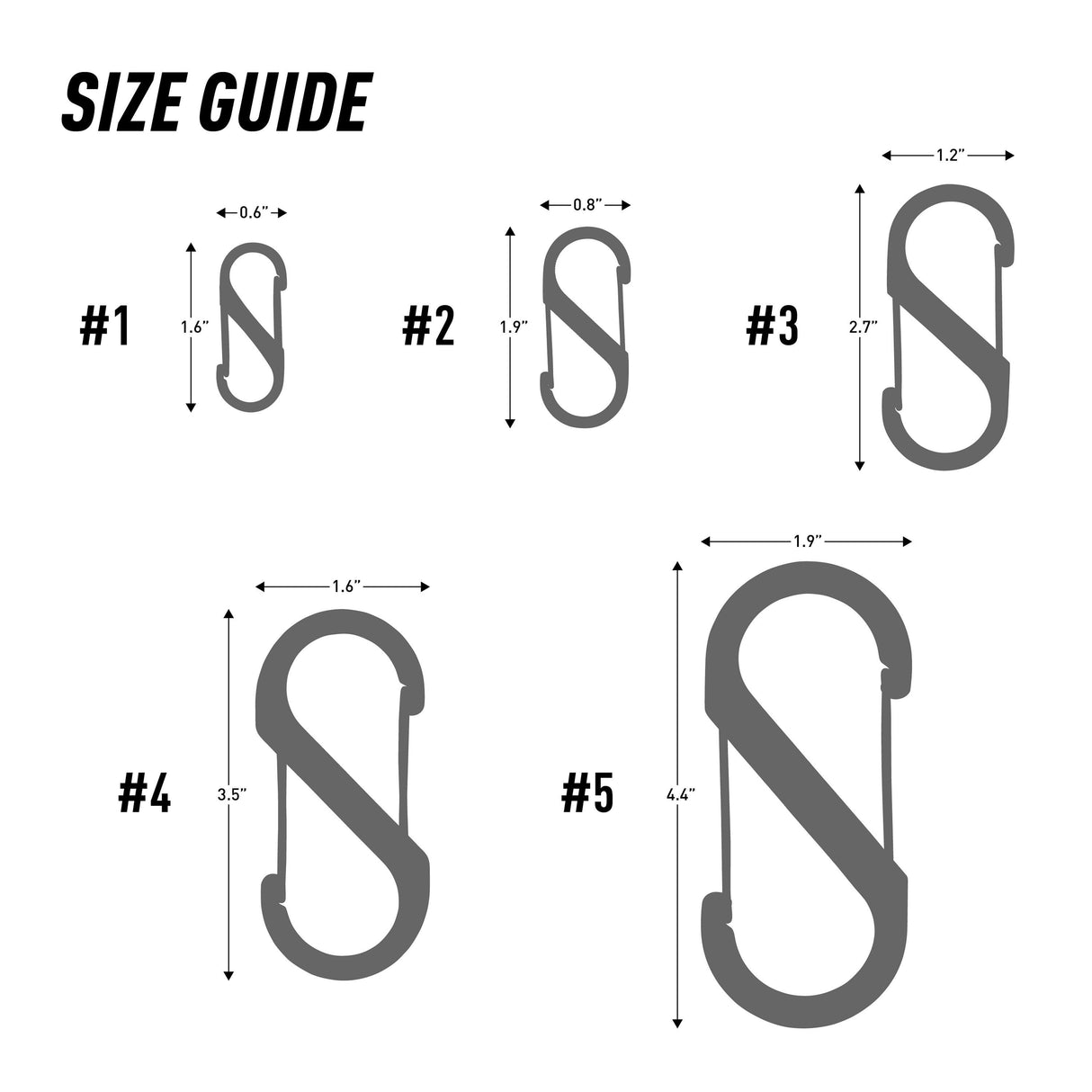 Size guide for Nite Ize S-Biner Dual Carabiner in stainless steel showing dimensions for different sizes.
