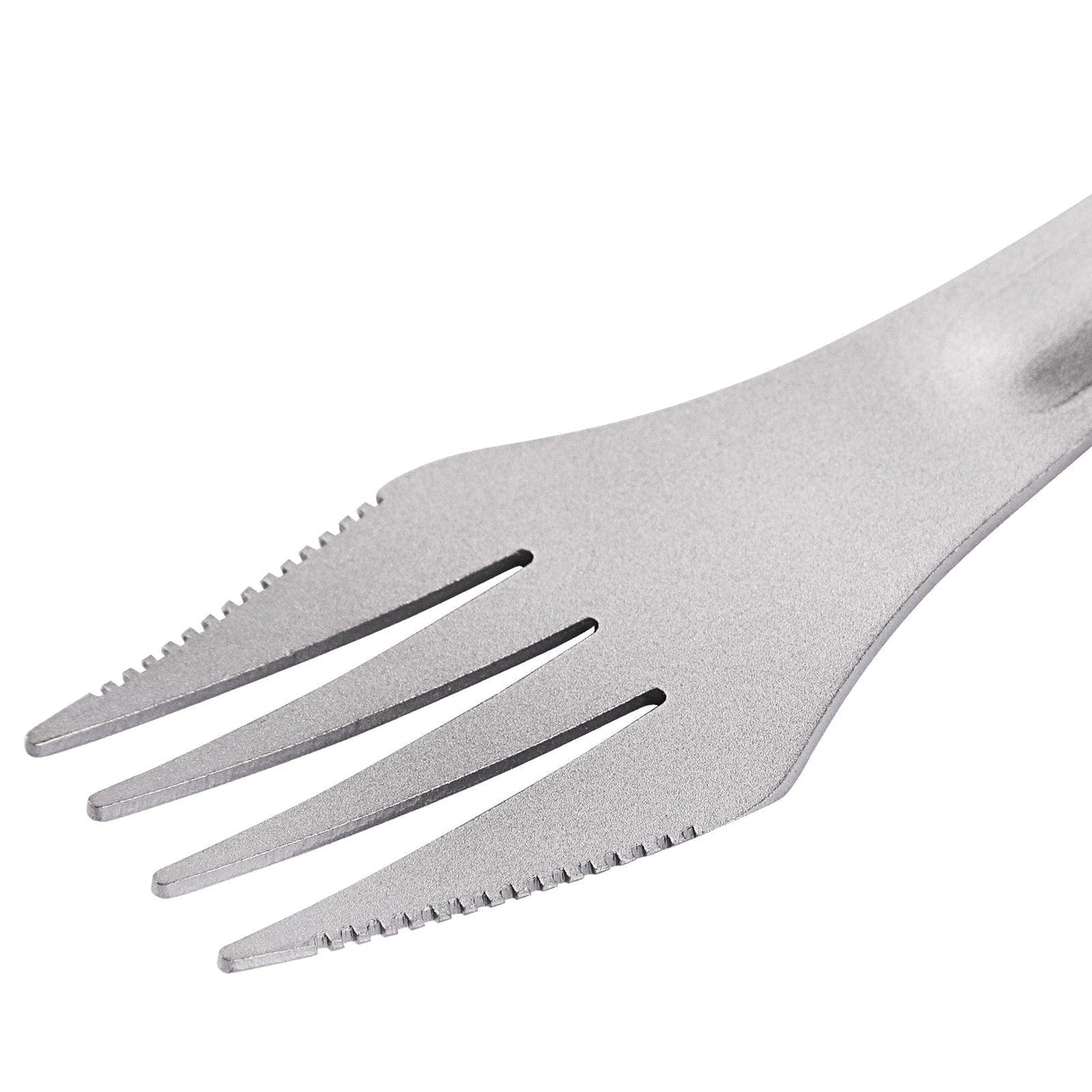 Close-up of the dual knife edges on the SilverAnt Titanium Spork 3-In-1 Knife Fork Spoon.