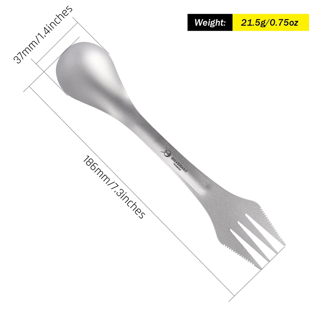 SilverAnt Titanium Spork 3-In-1 Knife Fork Spoon with dimensions and weight details, ideal for outdoor use.