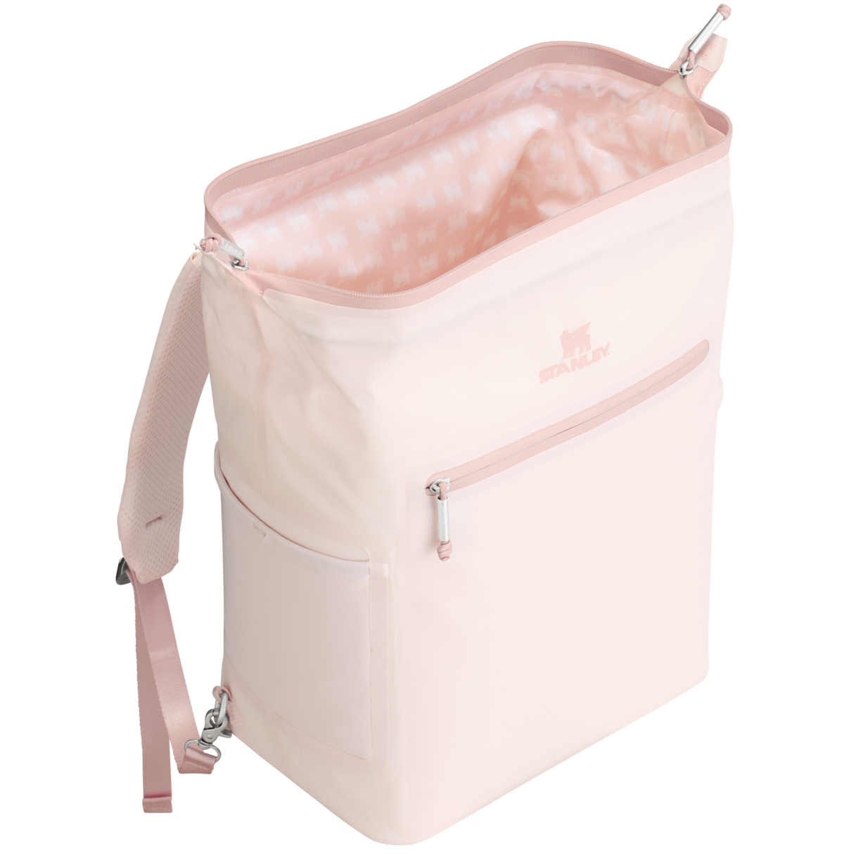 Stanley All Day Madeleine Midi Cooler Backpack 14L open hinge top showing interior - Rose Quartz Color