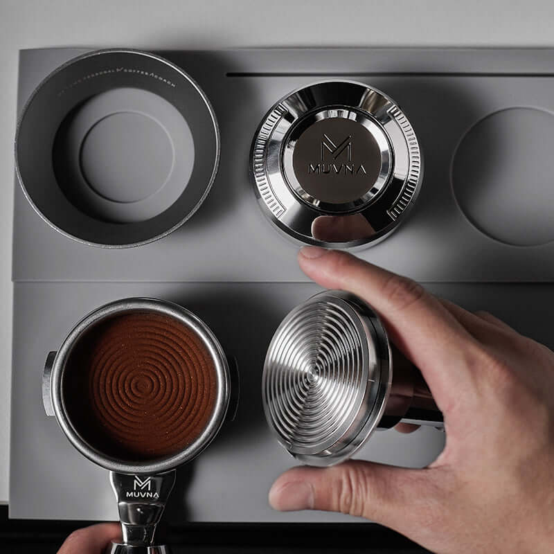 Muvna Titan Distributor 58mm adjustable coffee tool leveling grounds for uniform extraction.