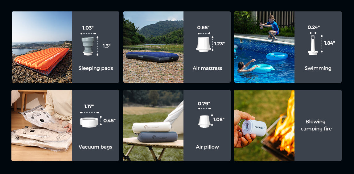 Flextail Tiny Pump 2X used for inflating sleeping pads, air mattresses, and swimming; vacuum bags, air pillows, and blowing campfires.