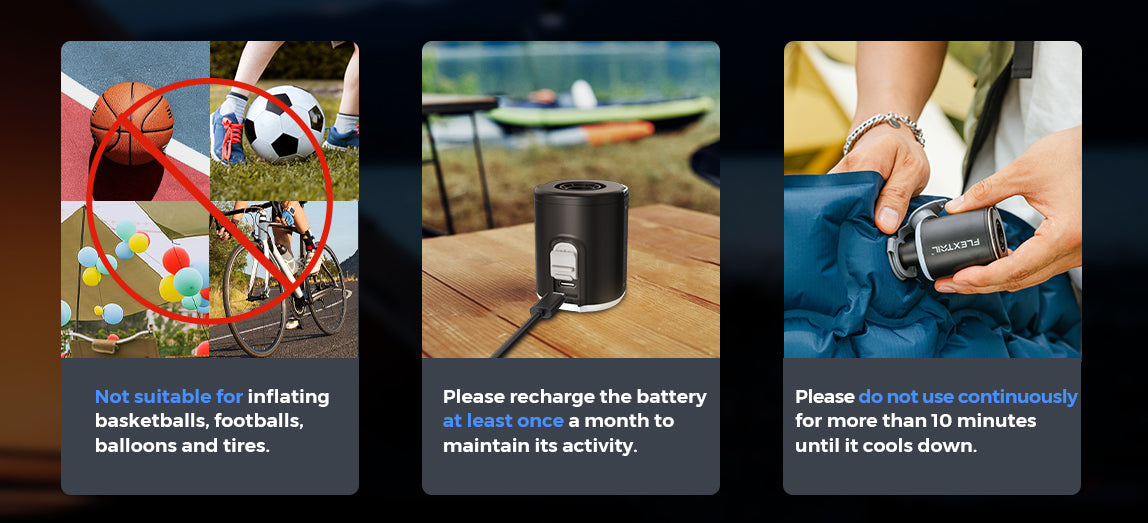Flextail Tiny Pump 2X usage guidelines for camping and inflating gear.