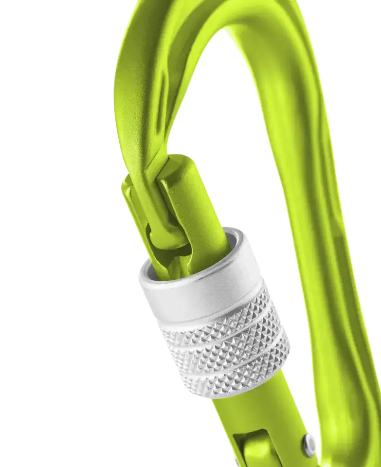 Edelrid HMS Strike Screw Locking Carabiner in green, showing screwgate mechanism.