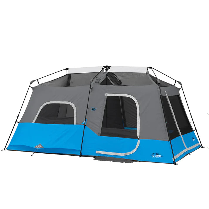 Core Equipment 9 person lighted instant cabin tent front view pitched