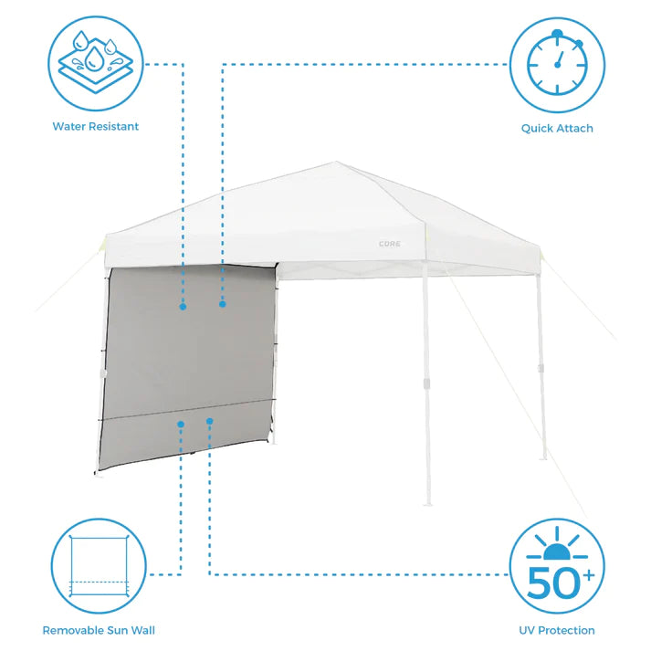 Core Equipment Sun Wall Accessory attached to a 10' x 10' canopy, providing UV 50+ protection and wind resistance at an outdoor event.