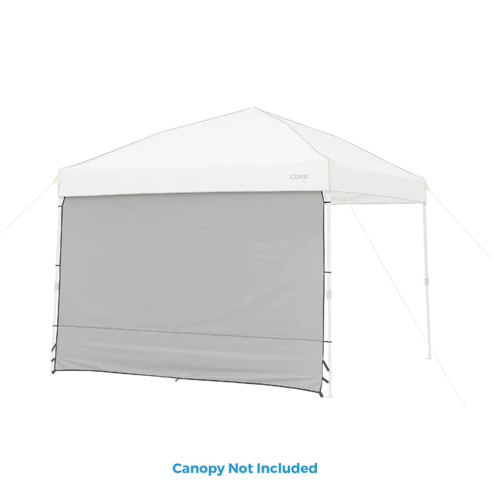 Core Equipment Sun Wall Accessory 10' x 10' UV 50+ panel attached to canopy frame for shade and privacy in outdoor settings