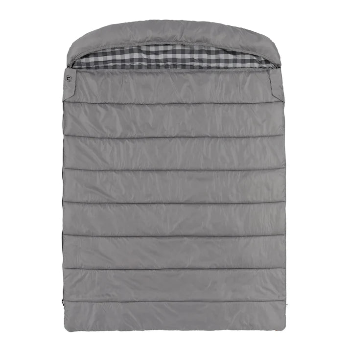 Core Equipment 40 Degree Double Cool Climate queen size sleeping bag in gray, perfect for couples and campers, offers spacious comfort.