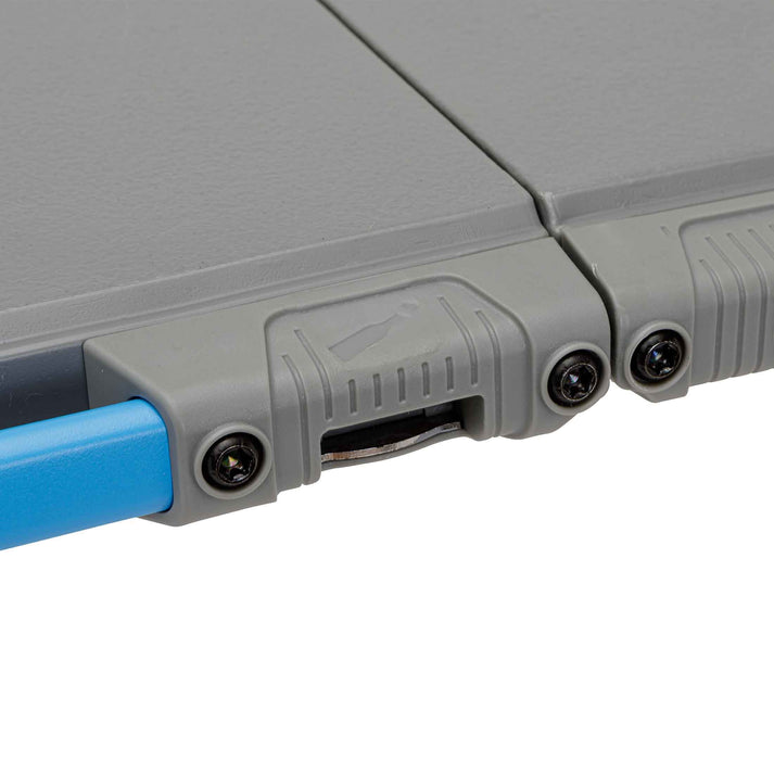 Core Equipment 4 Foot Outdoor Table with FlexRail — folded size comparison around 25 x 26 inches for transport.