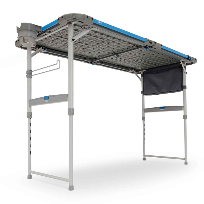 Core Equipment 4 Foot Outdoor Table with FlexRail — single-hand pinch-free height adjustment button detail.