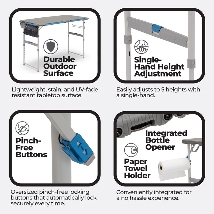 Core Equipment 4 Foot Outdoor Table with FlexRail — dimensions graphic around 50 x 26 in and 8 height settings.