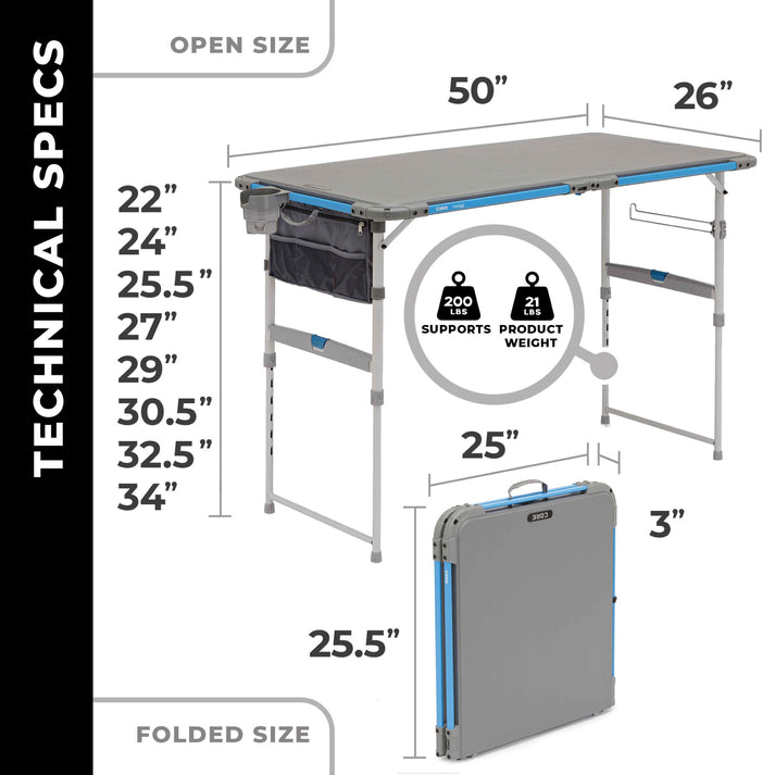 Core Equipment 4 Foot Outdoor Table with FlexRail — dimensions graphic around 50 x 26 in and 8 height settings.