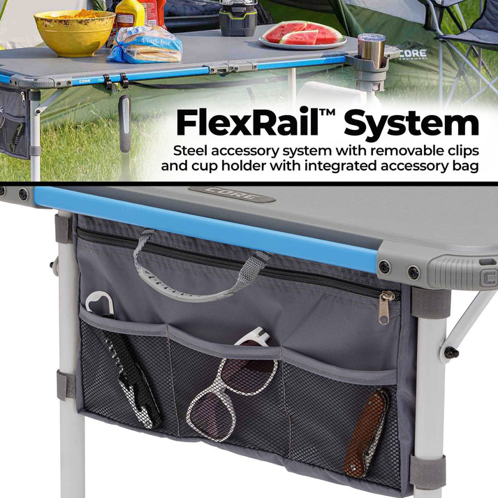 Core Equipment 4 Foot Outdoor Table with FlexRail — accessories organized along the rail during outdoor cooking.
