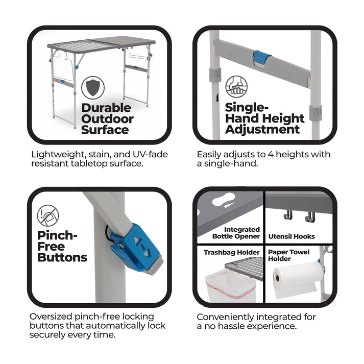 Core Equipment 4 Foot Tailgating Table — carry bag and FlexRail accessories laid out.