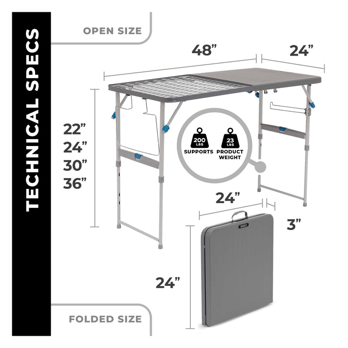 Core Equipment 4 Foot Tailgating Table — carry bag and FlexRail accessories laid out.