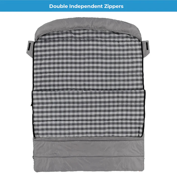 Core Equipment 40 Degree Double Cool Climate queen sleeping bag with double independent zippers, checkered pattern.