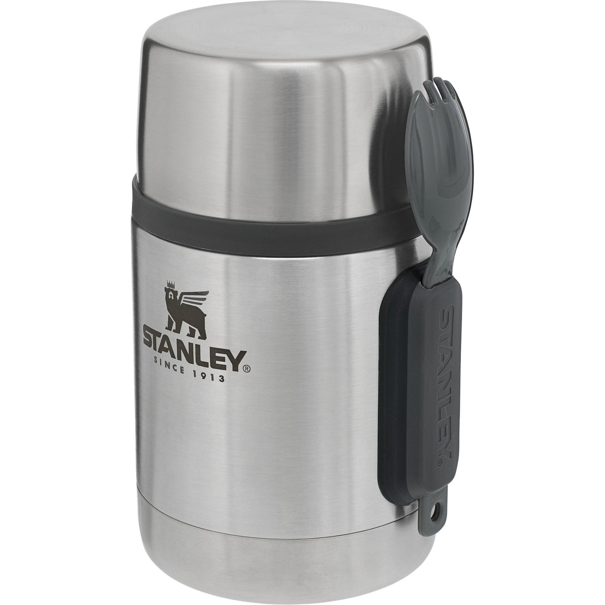 Stanley Adventure Stainless Steel All-in-One Food Jar 0.53L with spork, ideal for camping meals, keeping food hot or cold.