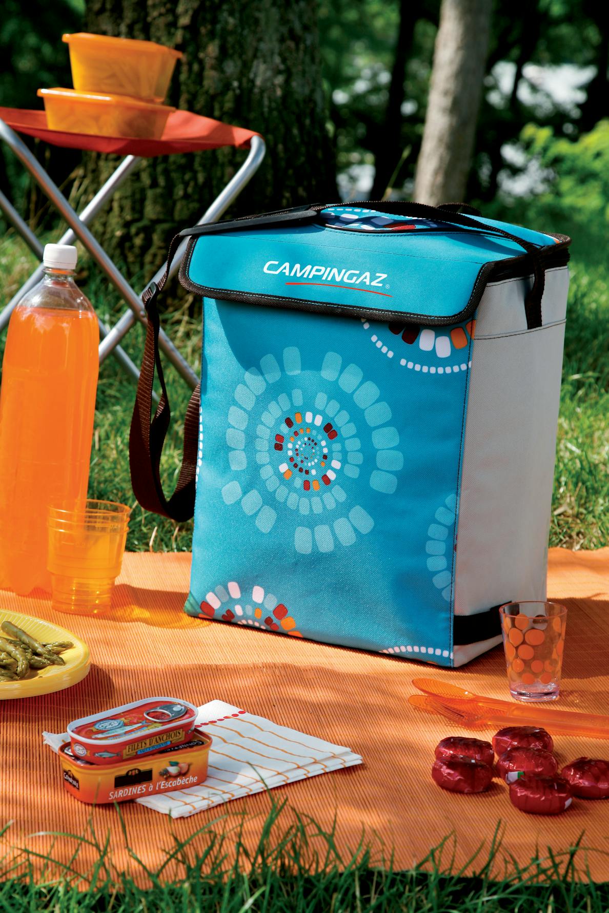 Campingaz Ethnic MiniMaxi 19L Soft Cooler Bag at outdoor picnic setup with drinks and snacks