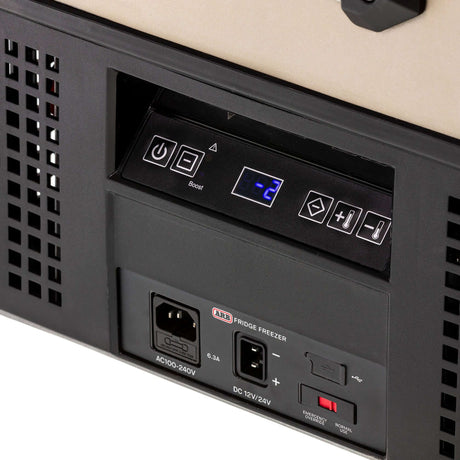 Control panel of ARB Zero Portable Fridge Freezer Single Zone - 36L with digital display and power inputs