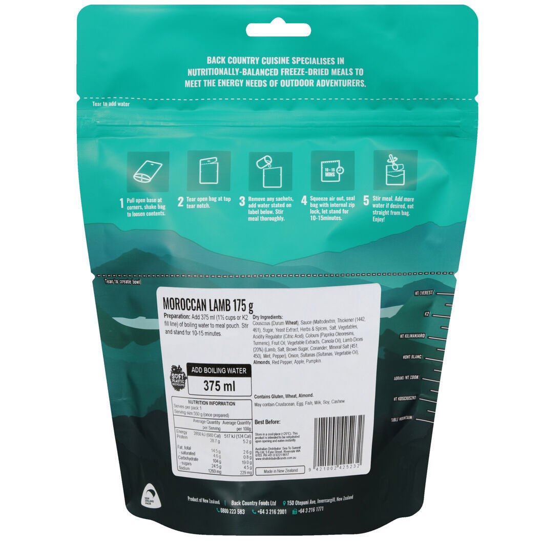 Back Country Cuisine Moroccan Lamb freeze-dried meal packaging, 175g, instructions for outdoor nourishment.