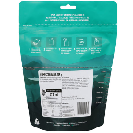 Back Country Cuisine Moroccan Lamb freeze-dried meal packaging, 175g, instructions for outdoor nourishment.