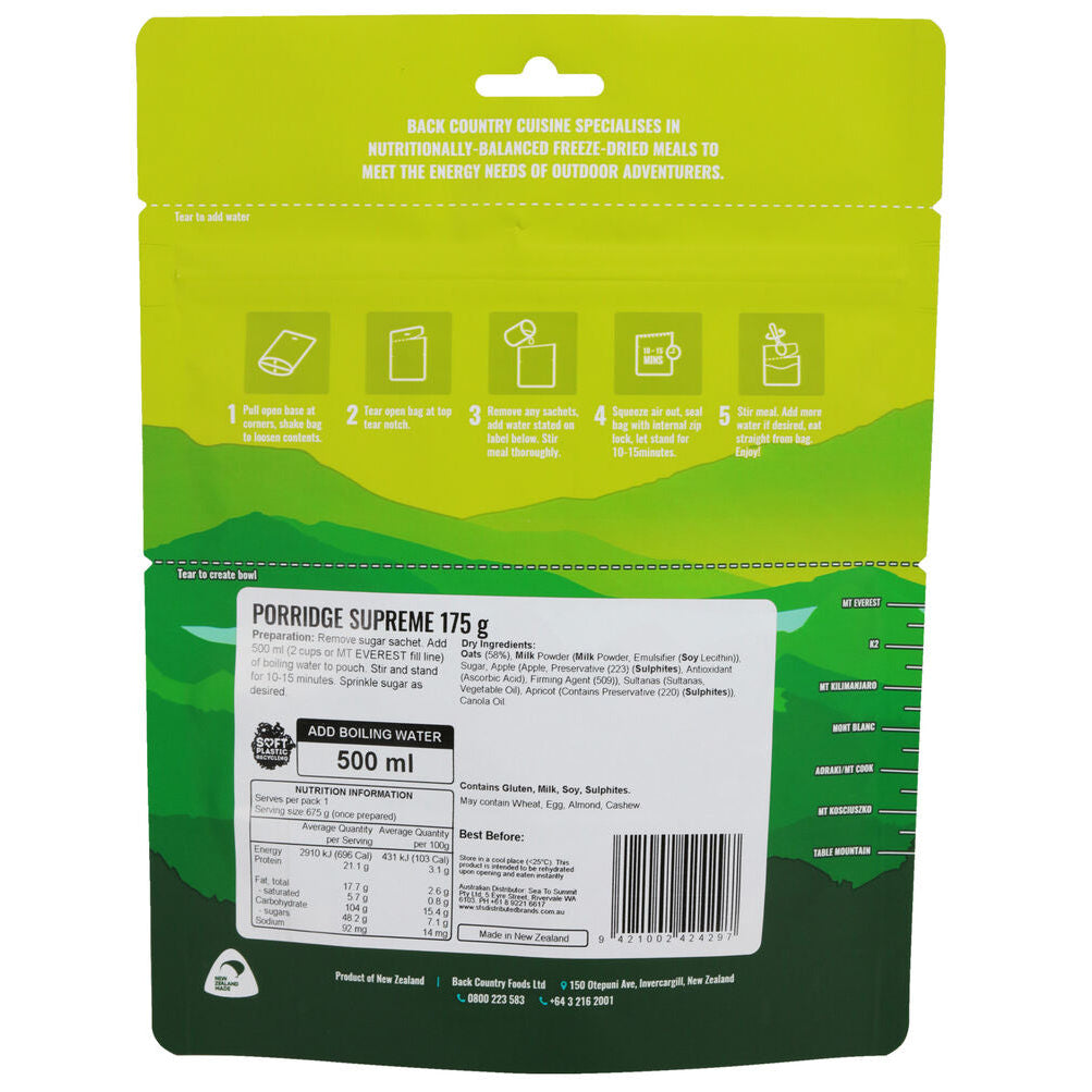 Back Country Cuisine Porridge Supreme camping breakfast package back view