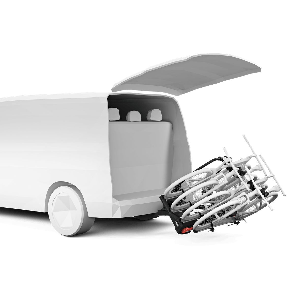 Thule VeloSpace XT Bike Adapter attached to a van with additional bike storage capacity, showcasing Thule brand bike rack system.