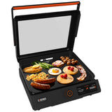 Blackstone E-Series Electric Tabletop Griddle cooking breakfast foods on 17 inch ceramic titanium surface