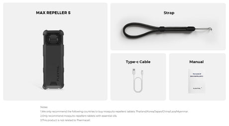 Flextail Max Repeller S — device with repellent mat and accessories laid out.