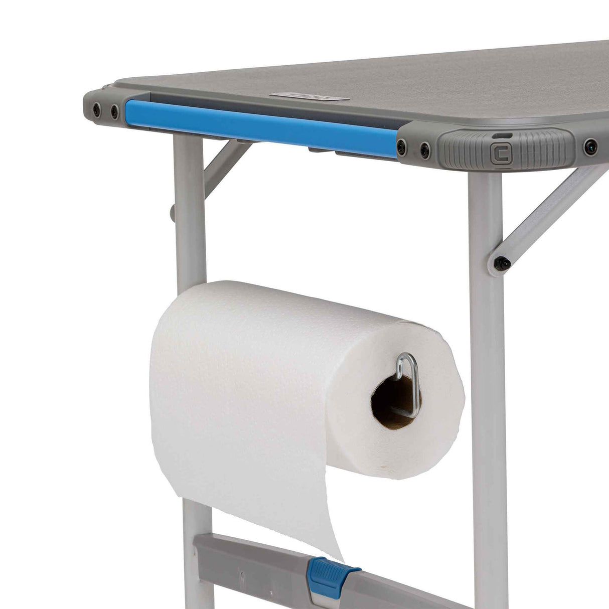 Core Equipment 4 Foot Outdoor Table with FlexRail — accessories organized along the rail during outdoor cooking.