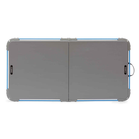 Core Equipment 4 Foot Outdoor Table with FlexRail — folded size comparison around 25 x 26 inches for transport.