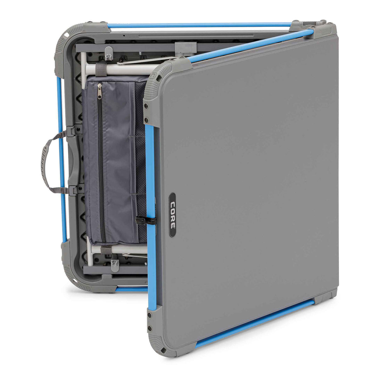 Core Equipment 4 Foot Outdoor Table with FlexRail — folded size comparison around 25 x 26 inches for transport.