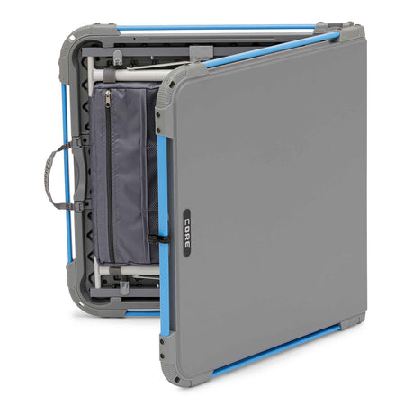 Core Equipment 4 Foot Outdoor Table with FlexRail — folded size comparison around 25 x 26 inches for transport.