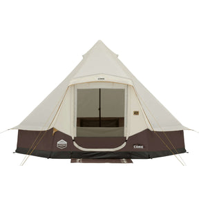 6 Person Lighted Bell Tent - 13' x 12' featuring spacious design and modern lighting for camping.