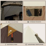 6 Person Lighted Bell Tent - 13' x 12' features built-in lighting, storage pockets, electrical port, and adjustable ventilation.