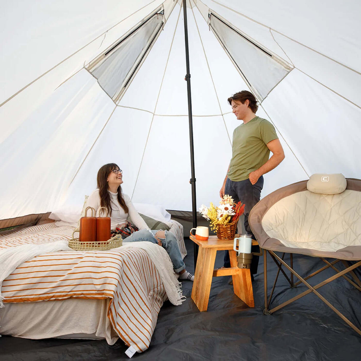 Inside view of 6 Person Lighted Bell Tent - 13' x 12', showcasing cozy setup and spacious interior for camping.