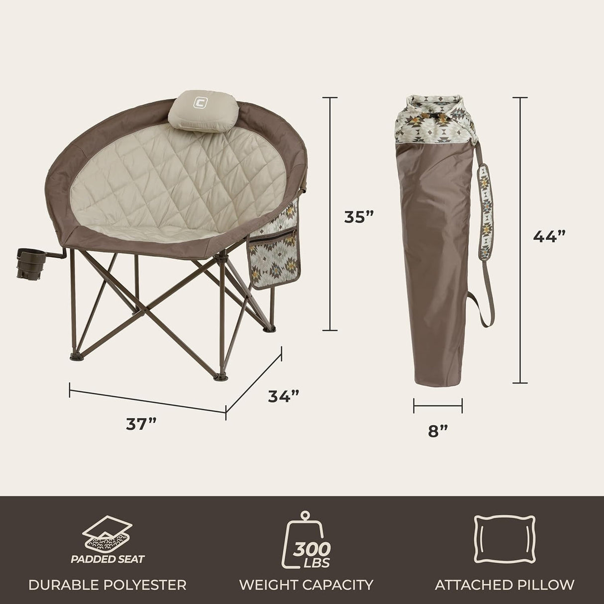 Core Equipment Oversized Padded Round Chair with carry bag and dimensions illustration