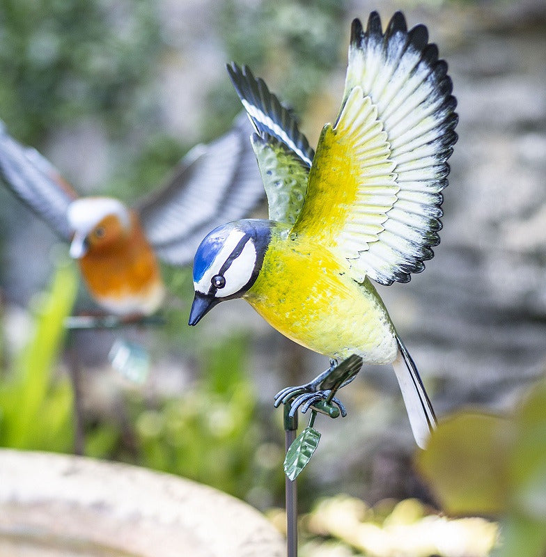 Inquisitive 3D Metal Blue Tit on Stake