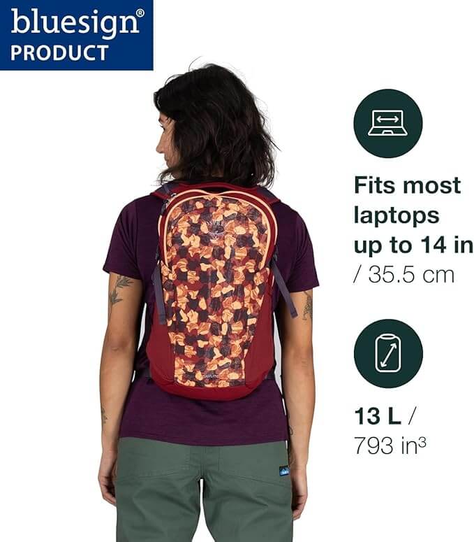 Osprey Daylite backpack with floral pattern showing laptop compatibility, 13L capacity, and bluesign approval on model's back.