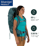 Woman wearing Osprey Renn 50L - Women backpack, showcasing 50L capacity and 3.50 lb weight, bluesign approved