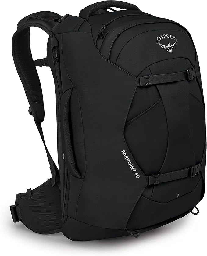 Osprey Farpoint 40 Travel Pack - Men's carry-on backpack, black, with adjustable torso fit and LightWire frame for comfort and support.