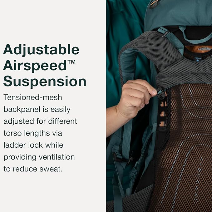Close-up of Osprey Renn 50L - Women’s pack showcasing adjustable Airspeed suspension system with tensioned mesh backpanel.