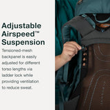 Close-up of Osprey Renn 50L - Women’s pack showcasing adjustable Airspeed suspension system with tensioned mesh backpanel.