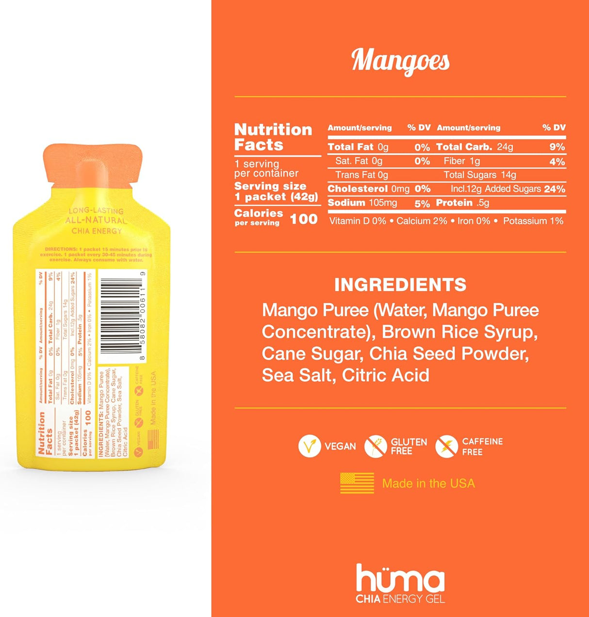 Huma Chia Energy Gel Plus - Orange & Mango - 42g