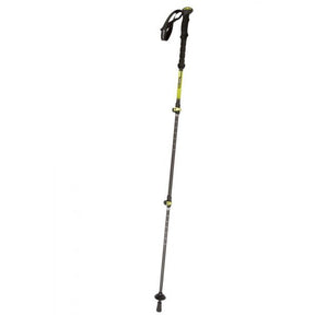 A black folding walking pole with a foam handle and quick-release locking system.
