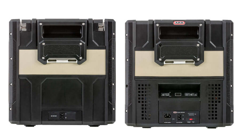 Back view of ARB Zero Portable Fridge Freezer Single Zone - 36L with durable handles and control panel for outdoor adventures.