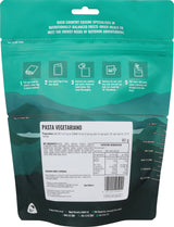 Back Country Cuisine Pasta Vegetariano package with preparation instructions and nutritional information on the back.