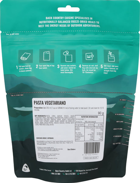 Back Country Cuisine Pasta Vegetariano package with preparation instructions and nutritional information on the back.