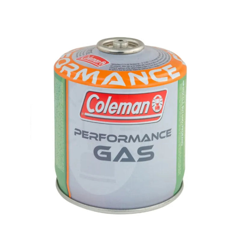 Coleman Performance Gas cartridge, with orange, white, and gray colors, valve with screw valve, designed for camping stoves and lamps.