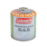 Coleman Performance Gas cartridge, with orange, white, and gray colors, valve with screw valve, designed for camping stoves and lamps.